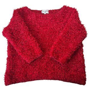 Vintage Red Chenille Cropped Sweater Sz S Fuzzy Cozy 3/4 Sleeve Christmas Xmas
